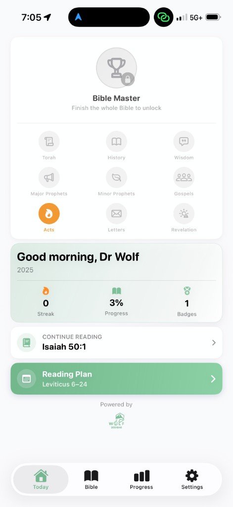 Bible Growth Today dashboard — light mode with badges and reading plan