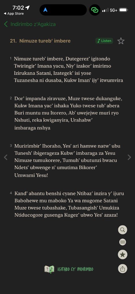 Igitabo hymn lyrics — Indirimbo z'Agakiza in dark mode